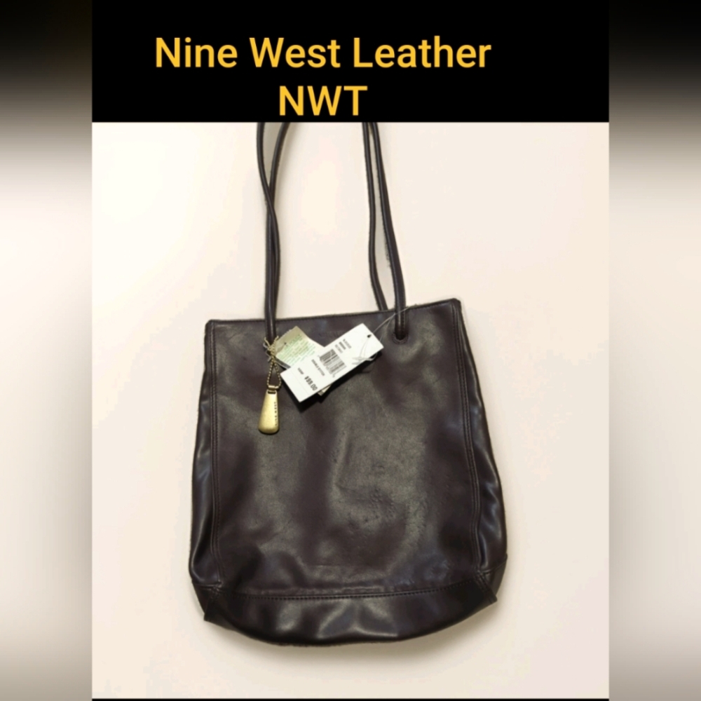 Nine West REAL Leather Brown Shoulder Handbag Purse Magnet Closure NWT $99